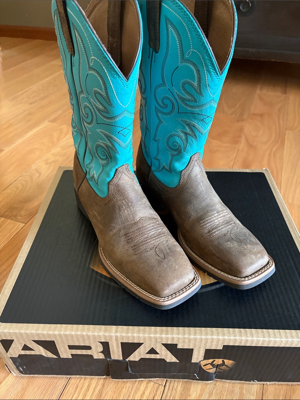 Ariat Brown Foot with Turquoise Shaft Western Heeled Boots